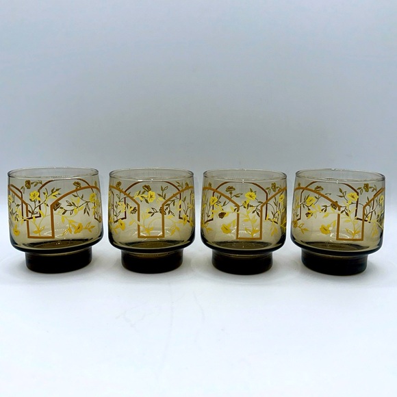 Vtg Libbey Smokey Brown Lowball Pedestal Glasses Set of 4  Yellow Flower/Floral - Picture 1 of 5